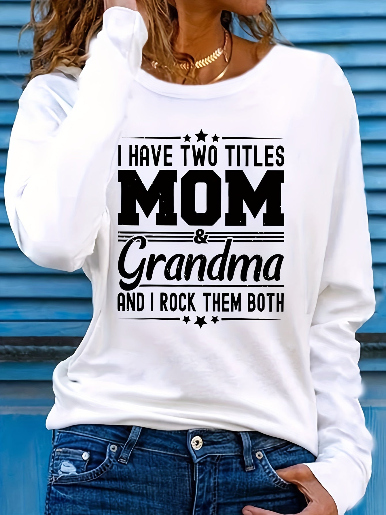 Women'S Long Sleeve Crew Neck T-Shirt with "Mom & Grandma" Letter Print, Casual Polyester Top for All Seasons, Knit Fabric with Medium Stretch, Regular Fit - Applique Detail